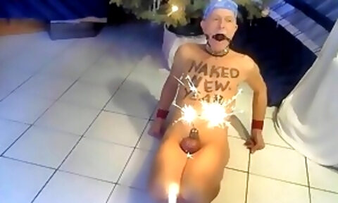 naked uncut slave exposed mouthgag penis cage NEW YEAR sparkler anus and urethra xmas tree