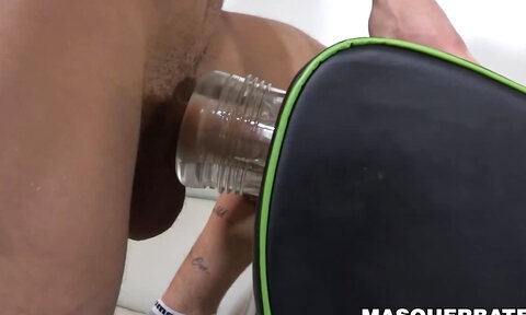 Masked gay with a perky ass and abs fucks a fleshlight