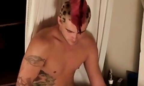 Punk with Cherokee hair pulling on his hard cock
