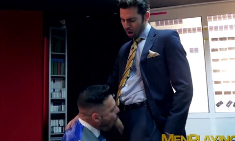Executive has his hard dick slobbered on and his ass pounded