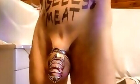 naked slave pig exposed put on new penis cage with katheder dirty body writing BDSM CBT